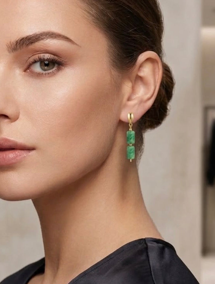 Green onyx square earrings