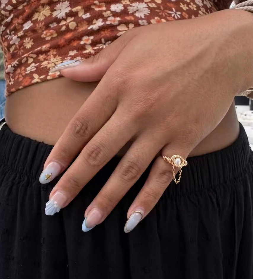White pearl with dainty chain ring